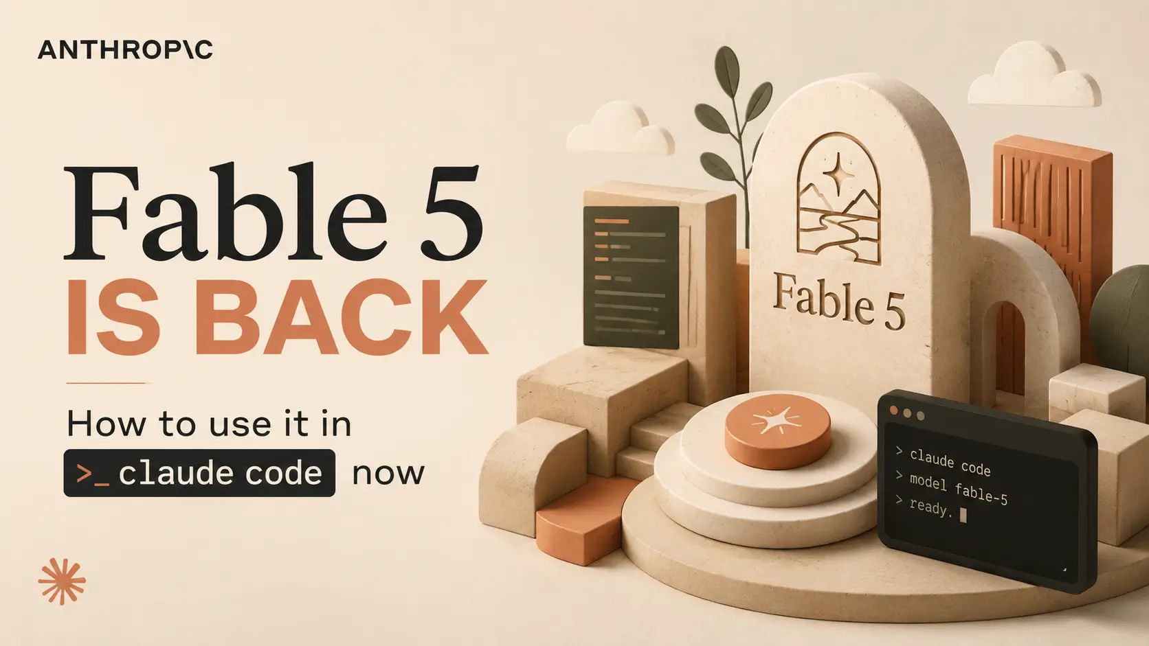 Anthropic Fable 5 is back graphic with Claude Code terminal commands