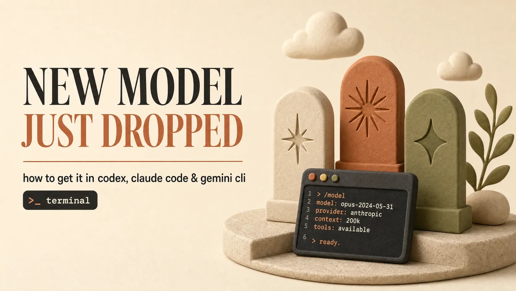 New AI model day graphic showing terminal update commands for Codex, Claude Code, and Gemini CLI